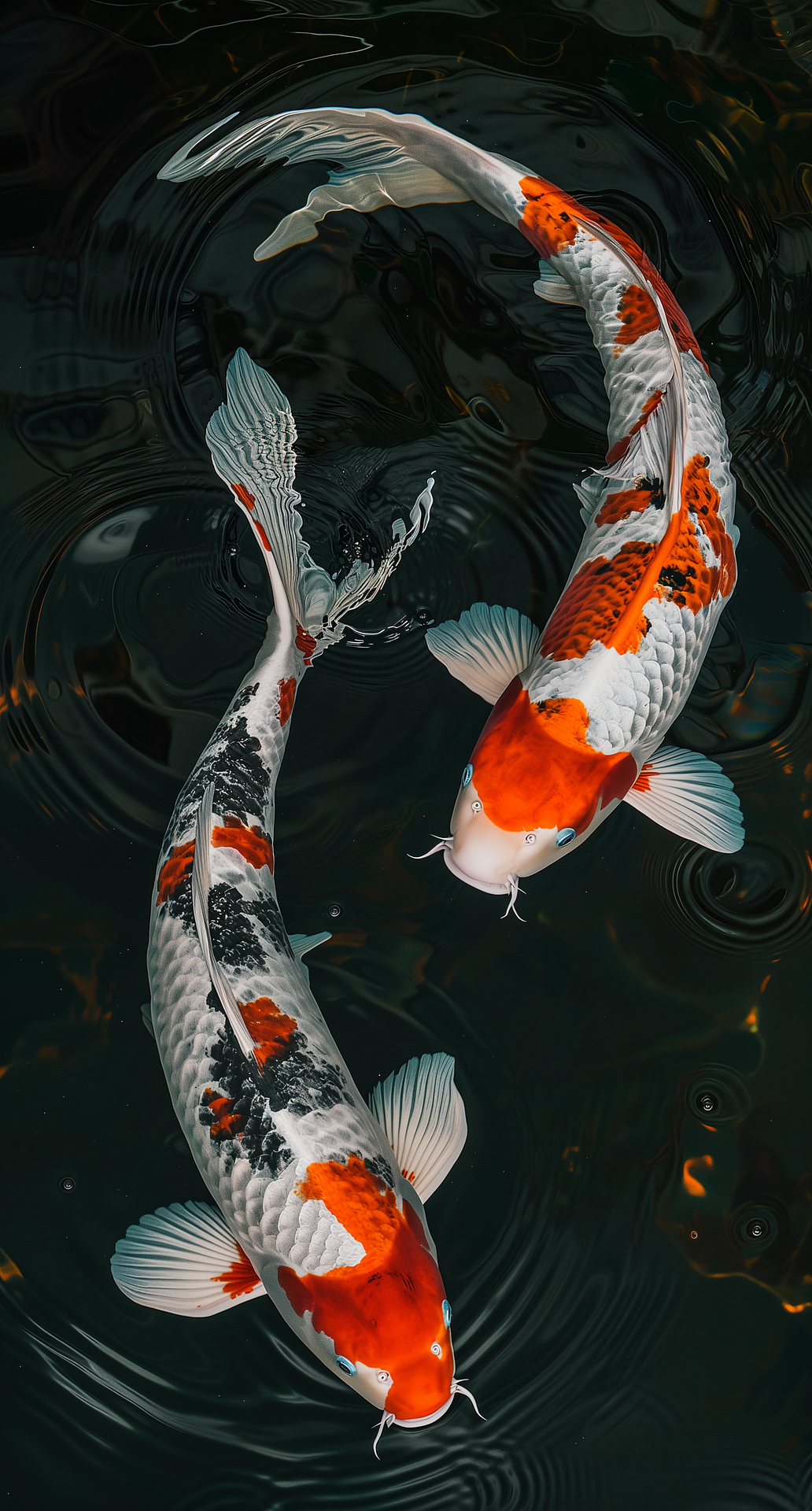 Dos peces koi japoneses en movimiento circular sobre el agua