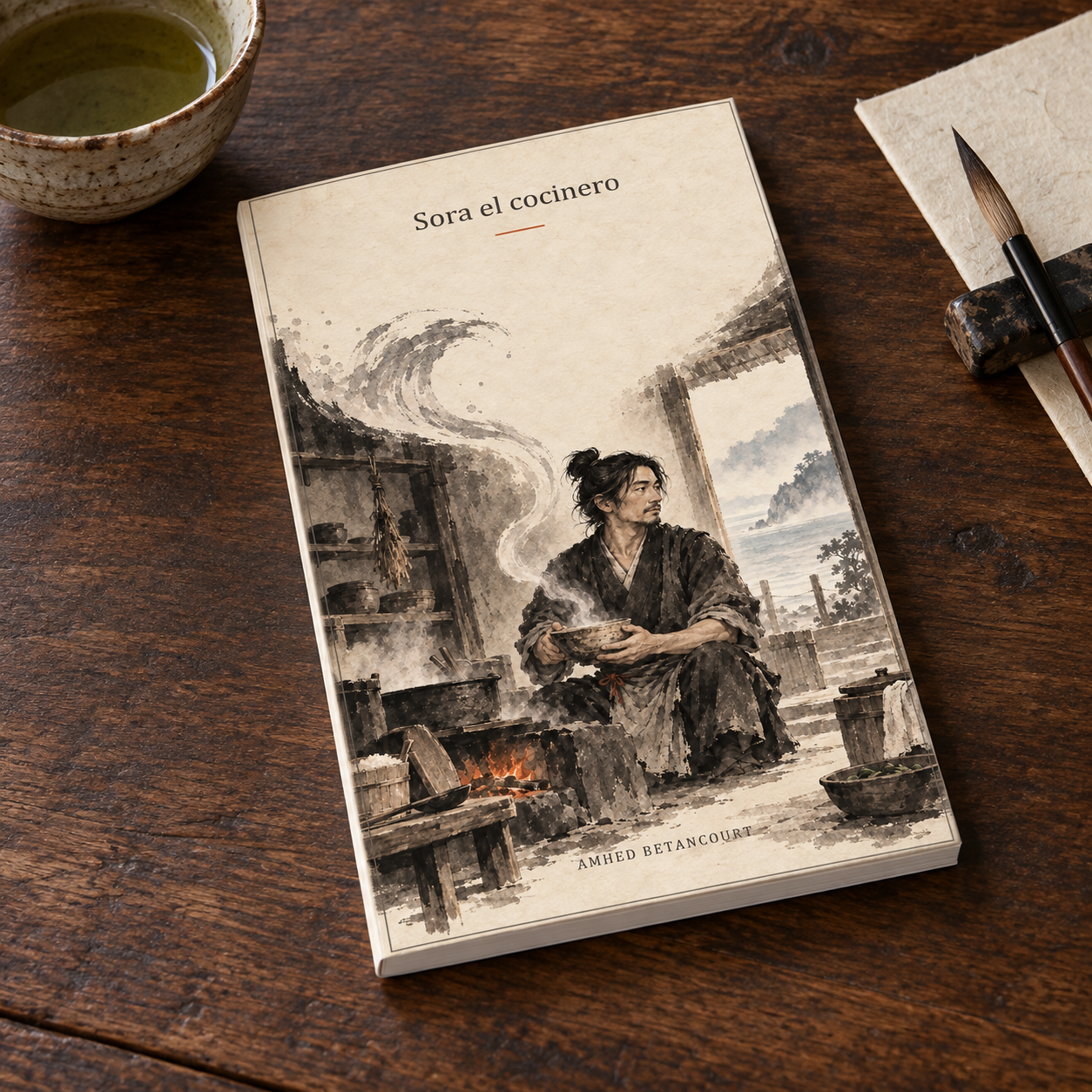 Vista cenital de Sora el cocinero sobre una mesa de madera, junto a una taza y utensilios de escritura