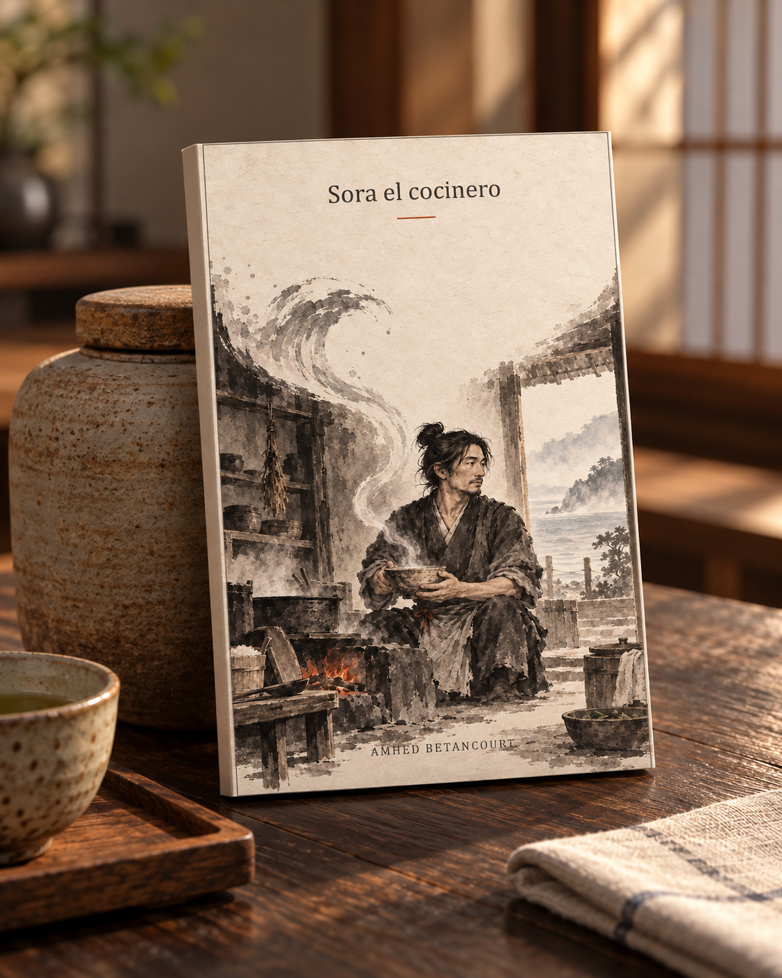 Maqueta de la portada de Sora el cocinero, de Amhed Betancourt, con una escena japonesa ilustrada en tinta