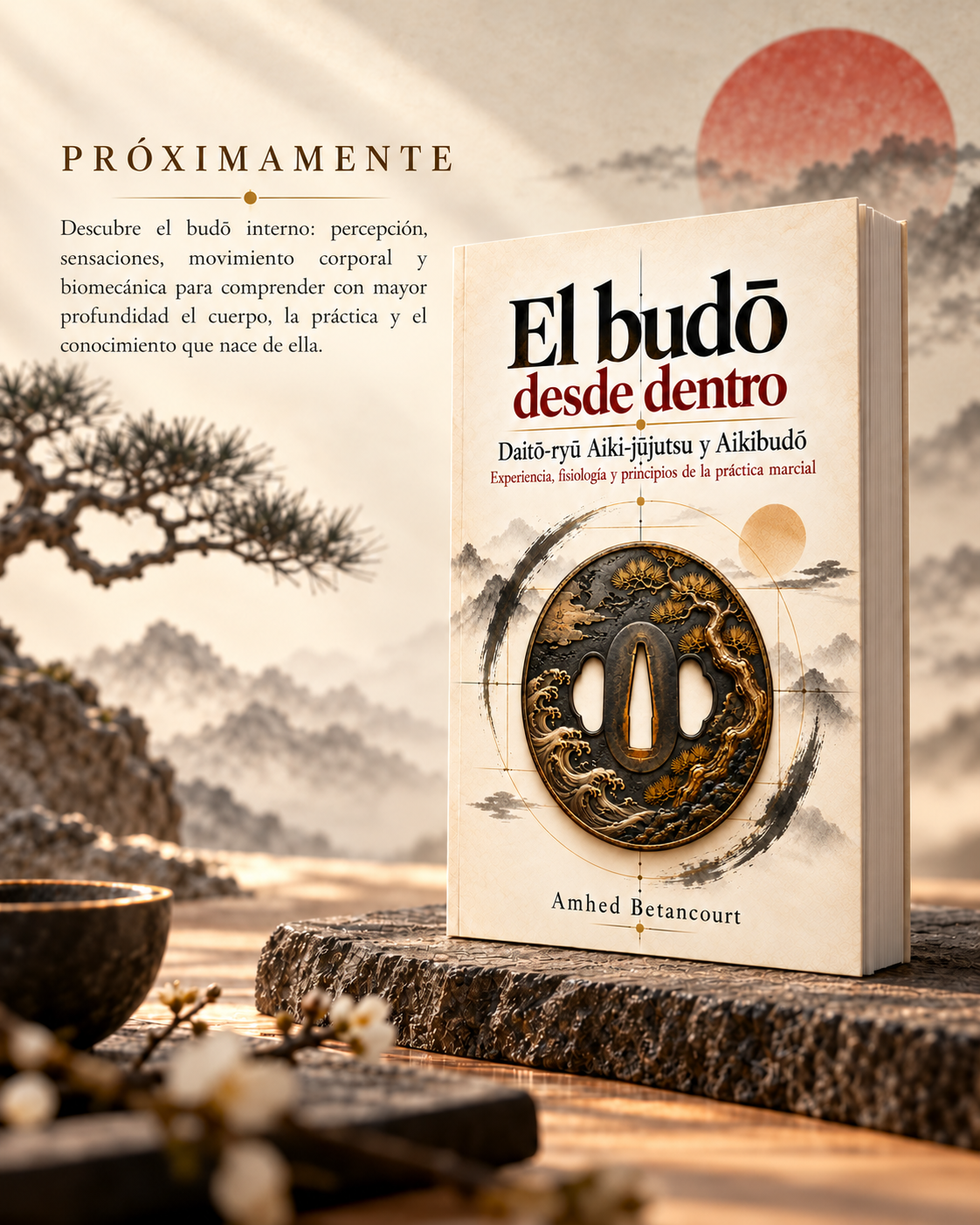Maqueta promocional de El budō desde dentro, de Amhed Betancourt, con cubierta japonesa de temática marcial y anuncio de próxima publicación