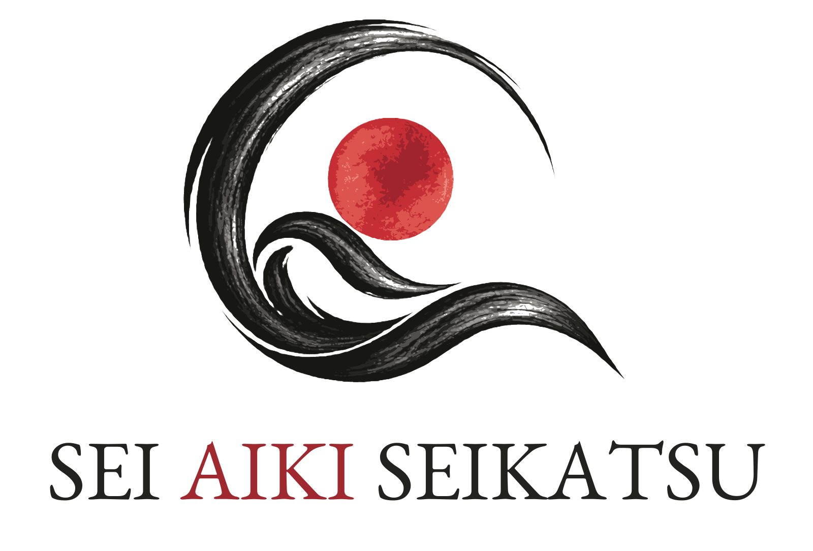 Logotipo oficial de Sei Aiki Seikatsu, símbolo abstracto de tinta con sol rojo